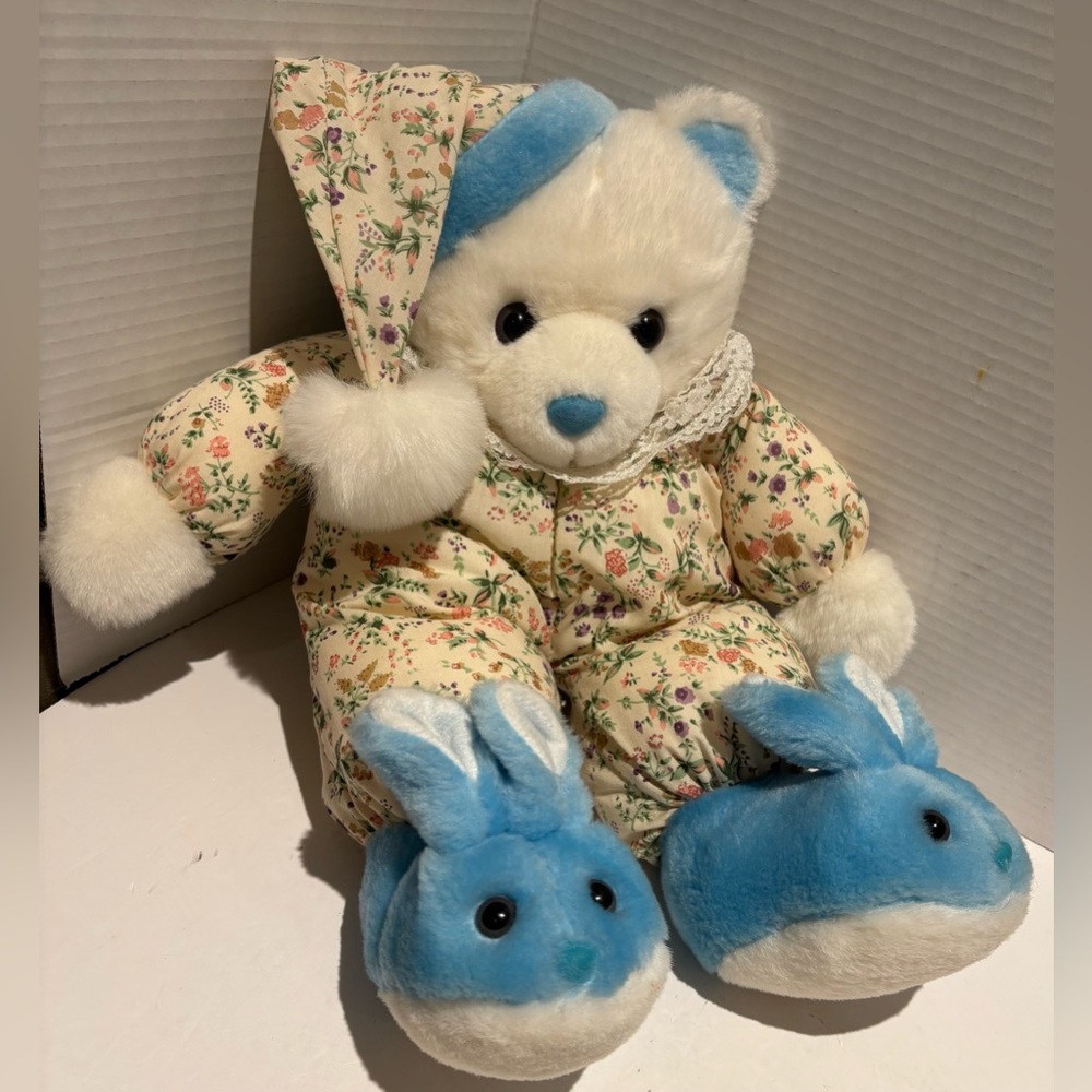 Vintage 1990’s Interpur Bedtime Bear PJ’s & Blue Bunny Slippers Plush Toy Retro